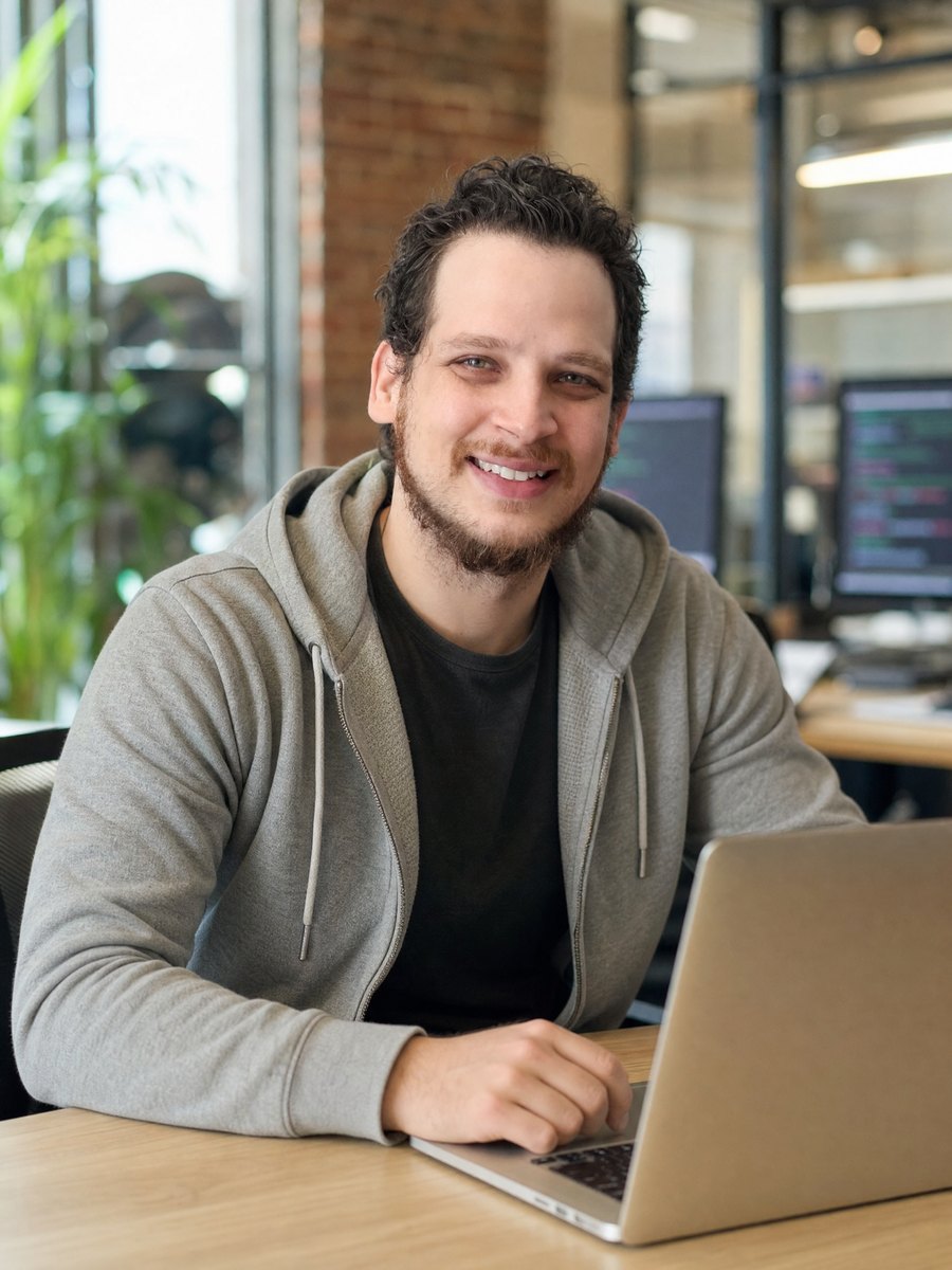 Danilo Rizzo sentado à mesa com um notebook, sorrindo